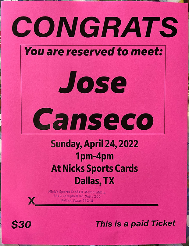 Jose Canseco Signing | April 24, 2022 | Event Flyer