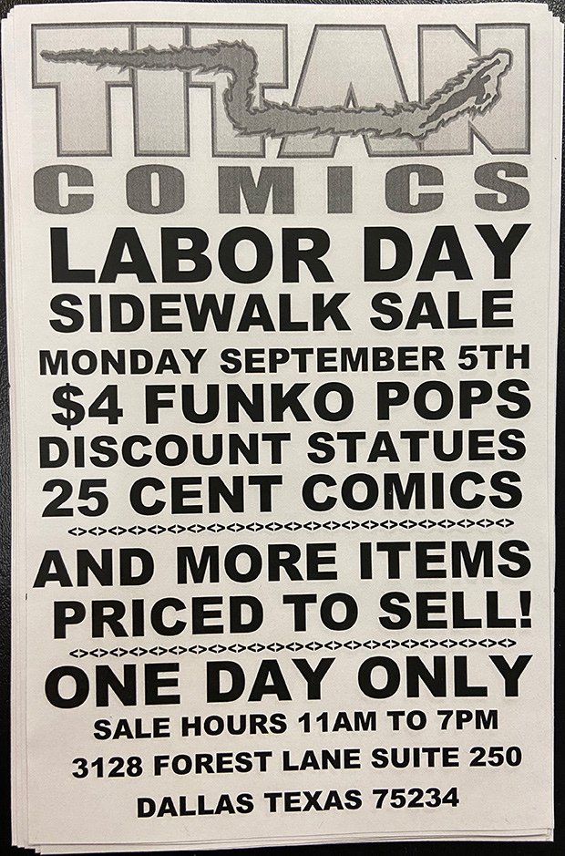 Titan Comics Labor Day Sidewalk Sale | September 5, 2022 | Event Flyer